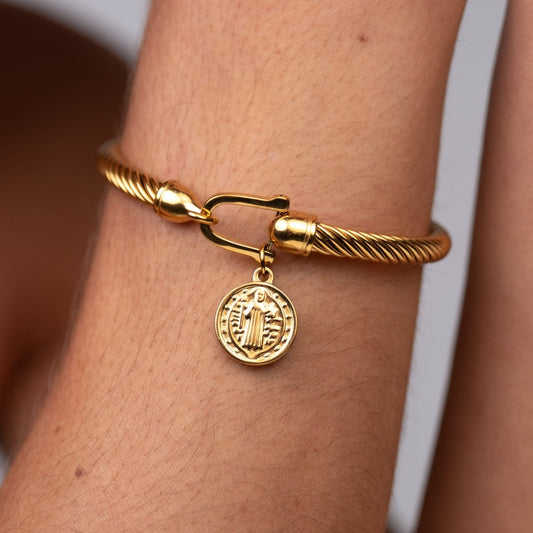 Bangle Saint Benedict Charm Cuff Bracelet 18K Gold Plated in 18K gold-plated – Meiva bracelet view 2