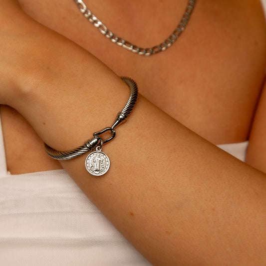 Bangle Saint Benedict Charm Cuff Bracelet Silver – Meiva bracelet view 2