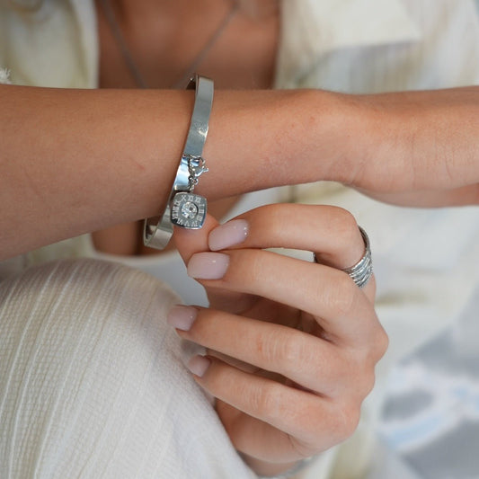 Bangle Silver Square Charm Cuff Bracelet – Meiva bracelet view 2
