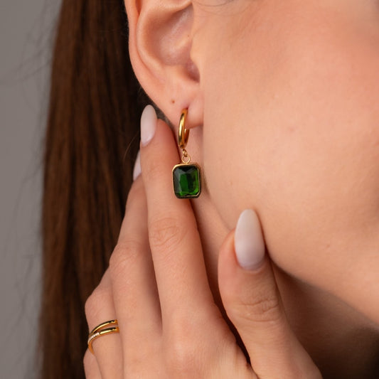 Mini Hoop Earrings Green Crystal Small Hoop 18K Gold-Plated Earring in 18K gold-plated, crystal – Meiva earrings view 2
