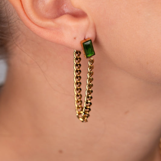 Earrings Elisabeth Chain with Emerald Cubic Zirconia 18K Gold Plated in 18K gold-plated, zirconia – Meiva earrings view 2