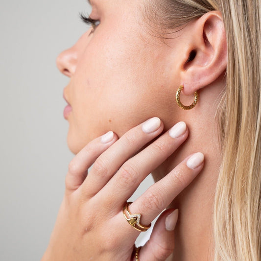Hoop Earrings Textured Hoop Earrings 18K Gold-Plated in 18K gold-plated – Meiva earrings view 2