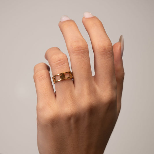 Women's Stainless Steel 18K Gold-Plated Ring – Adjustable Open Clover, Dainty – Meiva ring view 2
