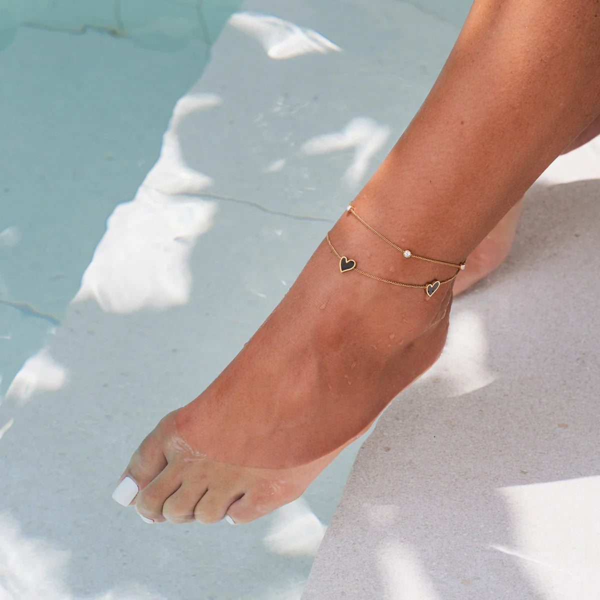 Anklet Dupla Heart com Pedra Banhain 18K Gold jewelry detail 3
