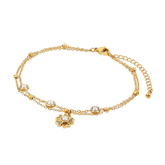 Anklet Dupla Pearl Floral Banhain 18K Gold jewelry detail 1