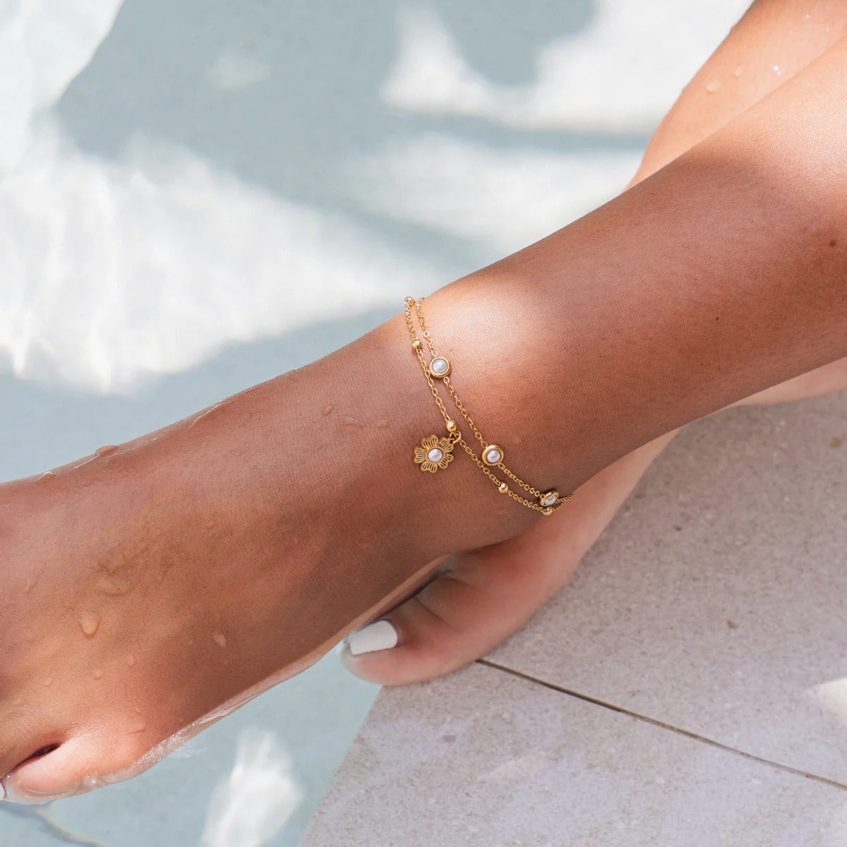 Anklet Dupla Pearl Floral Banhain 18K Gold jewelry detail 3