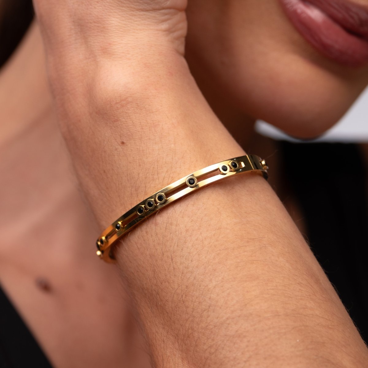 Bangle Black Studs 18K Gold-Plated Cuff Bracelet in 18K gold-plated – Meiva earrings view 4