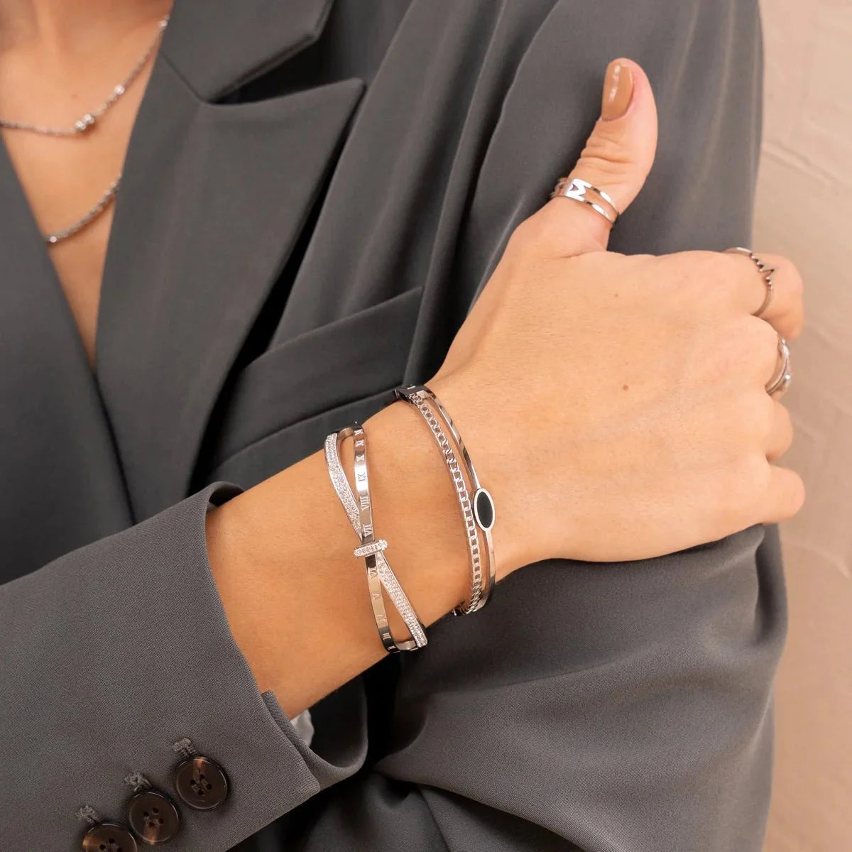 Bangle Silver Layered Onyx Cuff Bracelet – Meiva bracelet view 3