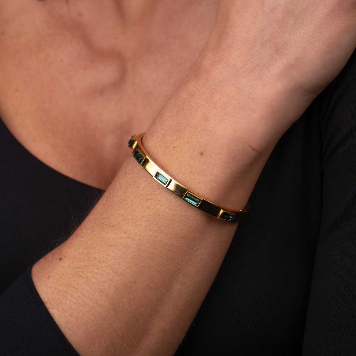 Bangle Green Navette Crystal Cuff Bracelet 18K Gold Plated in 18K gold-plated, crystal – Meiva bracelet view 3