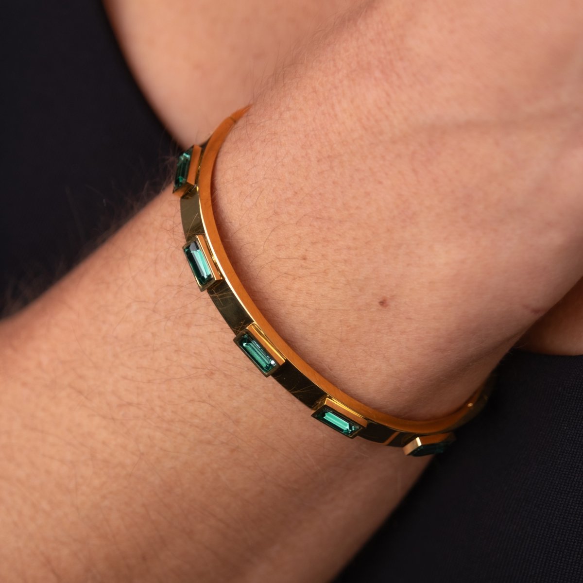 Bangle Green Navette Crystal Cuff Bracelet 18K Gold Plated in 18K gold-plated, crystal – Meiva bracelet view 4