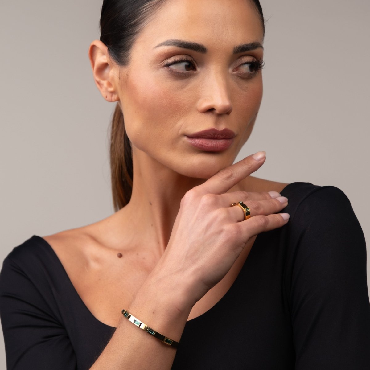 Bangle Green Navette Crystal Cuff Bracelet 18K Gold Plated in 18K gold-plated, crystal – Meiva bracelet view 5