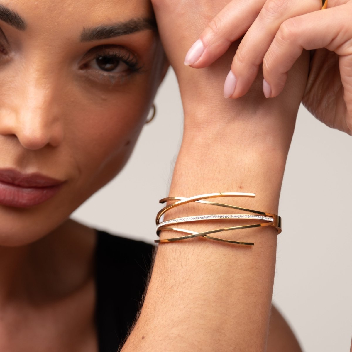 Bangle Florence Cubic Zirconia Cuff Bracelet 18K Gold Plated in 18K gold-plated, zirconia – Meiva bracelet view 3