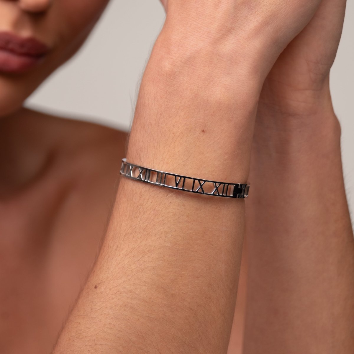 Bangle Roman Numeral Cuff Bracelet Silver – Meiva bracelet view 7