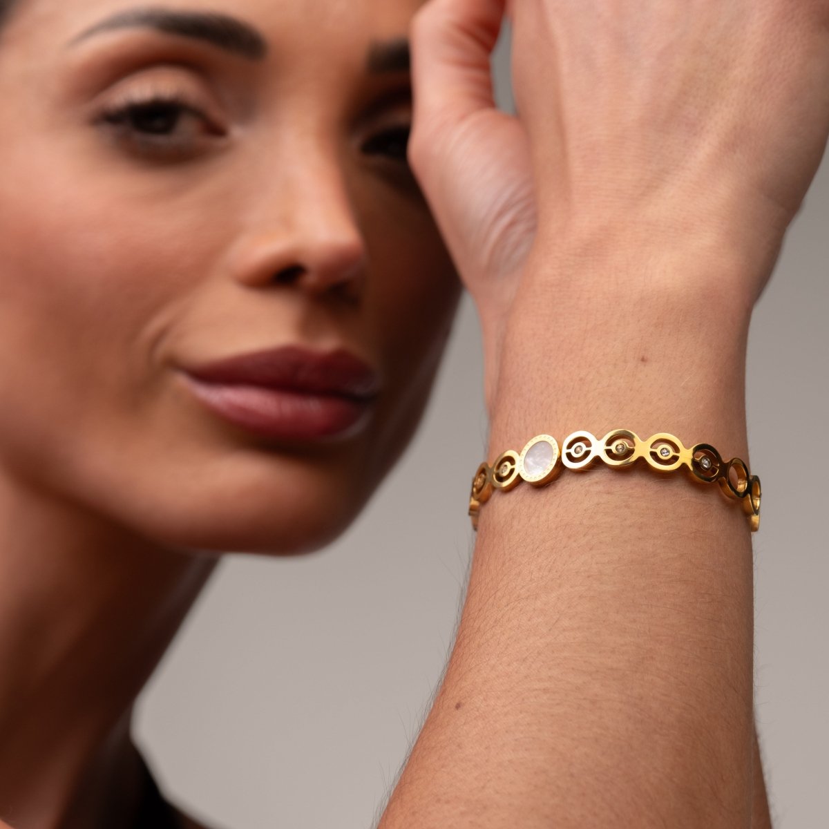 Bangle Olivia Cubic Zirconia Stone Cuff Bracelet 18K Gold-Plated in 18K gold-plated, zirconia – Meiva bracelet view 11