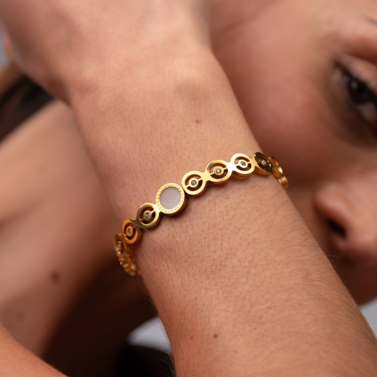 Bangle Olivia Cubic Zirconia Stone Cuff Bracelet 18K Gold-Plated in 18K gold-plated, zirconia – Meiva bracelet view 3
