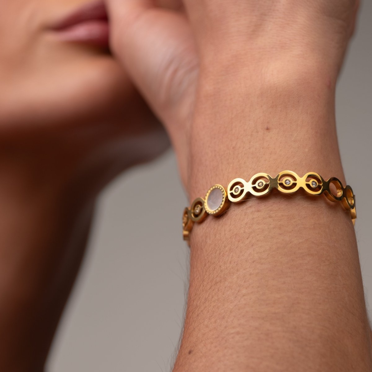 Bangle Olivia Cubic Zirconia Stone Cuff Bracelet 18K Gold-Plated in 18K gold-plated, zirconia – Meiva bracelet view 9