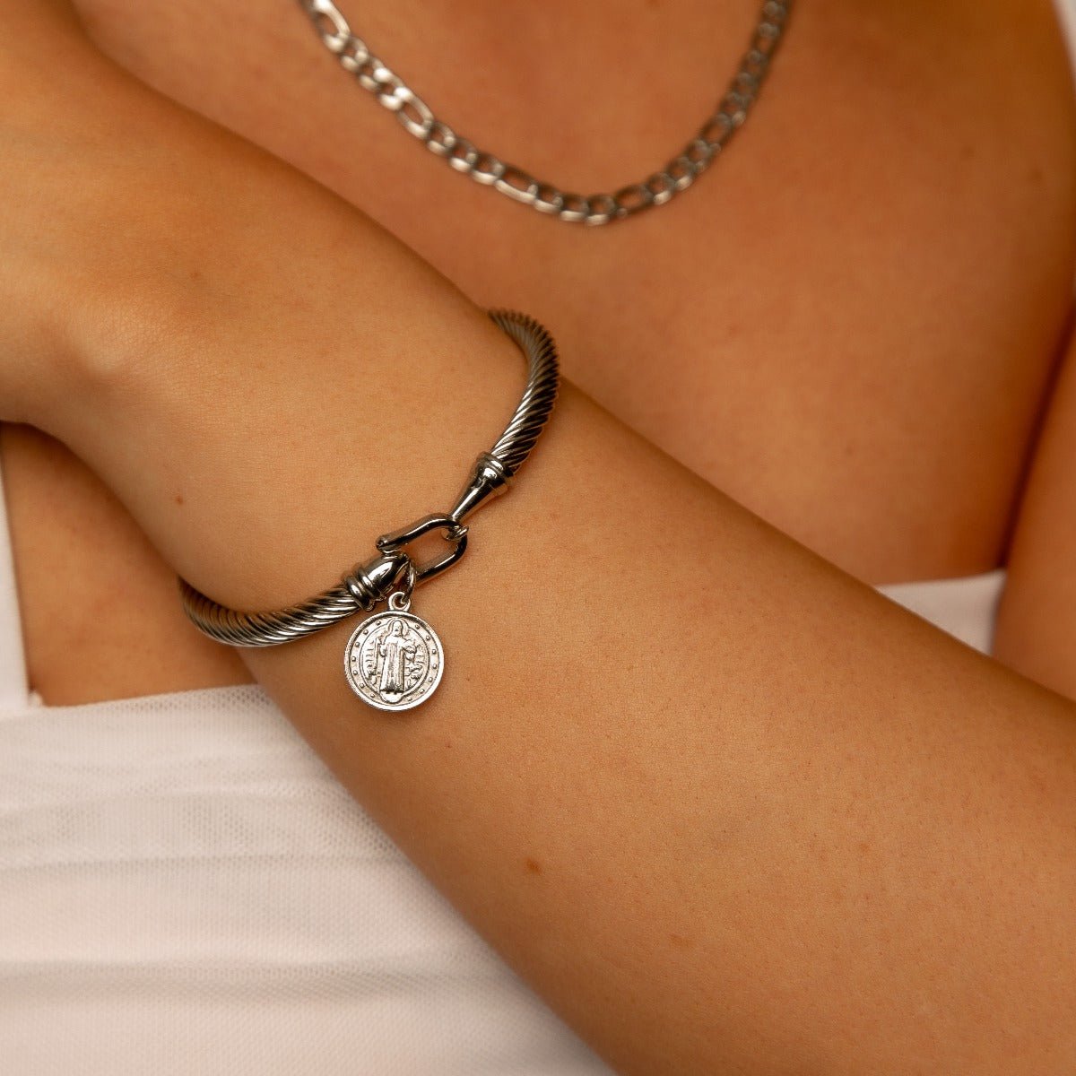 Bangle Saint Benedict Charm Cuff Bracelet Silver – Meiva bracelet view 2