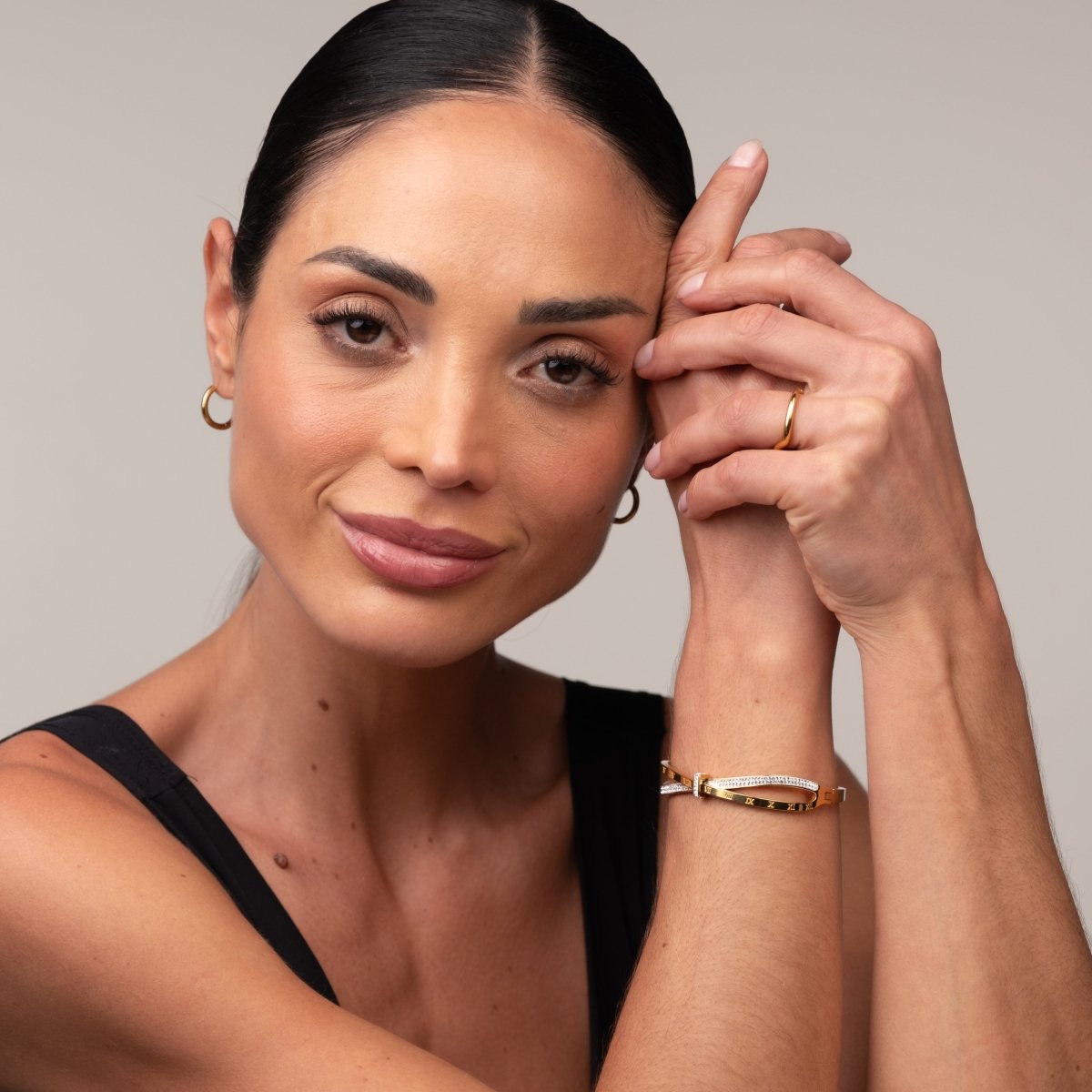 Bangle Roman Cubic Zirconia Cuff Bracelet 18K Gold Plated in 18K gold-plated, zirconia – Meiva bracelet view 4