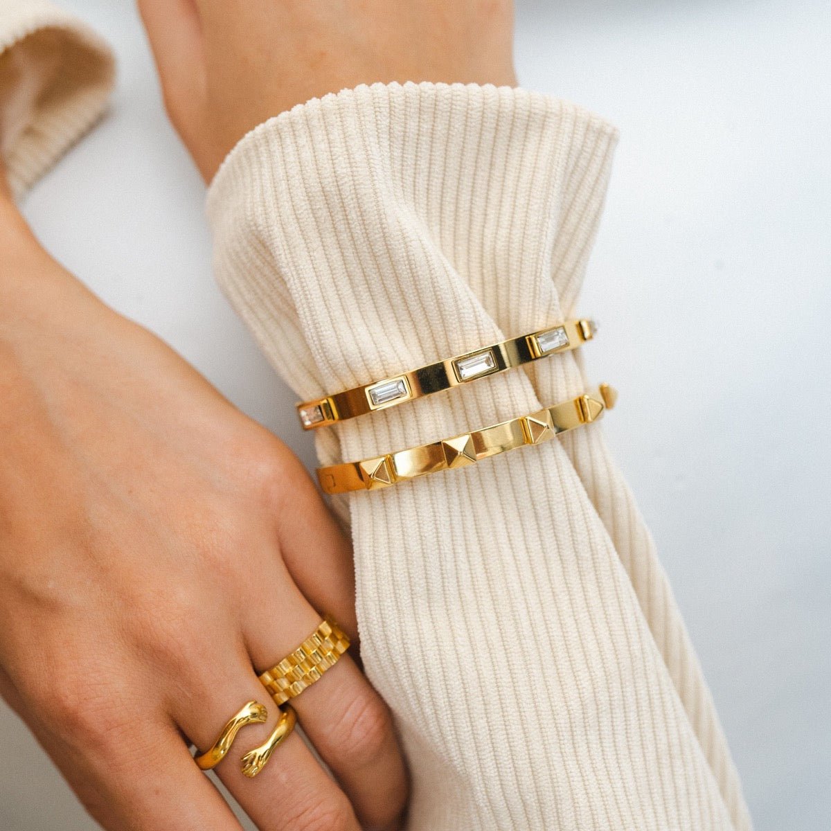 Bangle Studded Cuff Bracelet 18K Gold Plated in 18K gold-plated – Meiva earrings view 2
