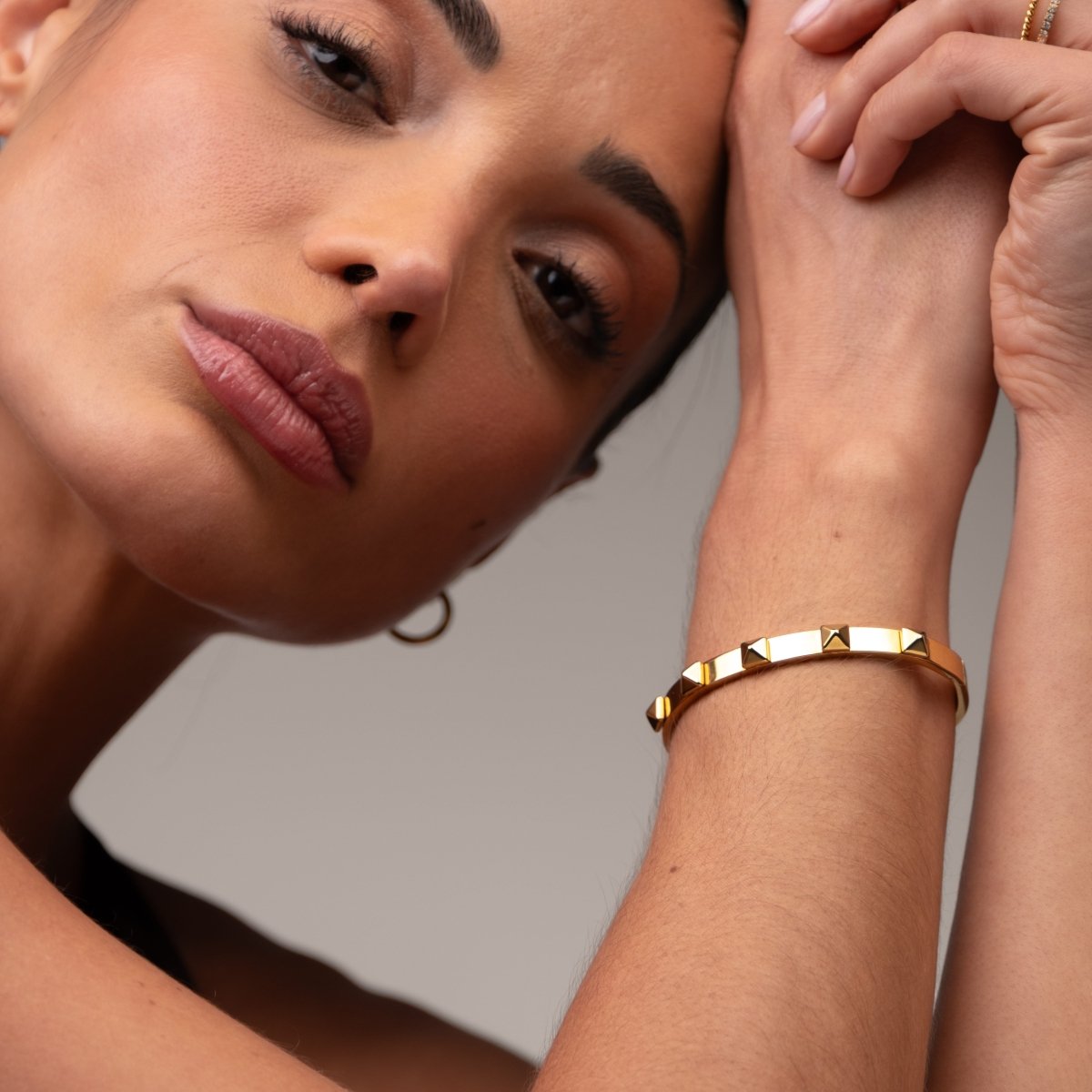 Bangle Studded Cuff Bracelet 18K Gold Plated in 18K gold-plated – Meiva earrings view 3