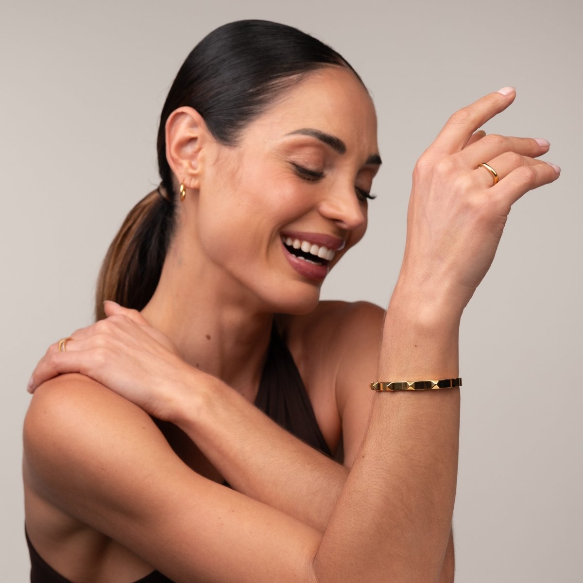 Bangle Studded Cuff Bracelet 18K Gold Plated in 18K gold-plated – Meiva earrings view 6
