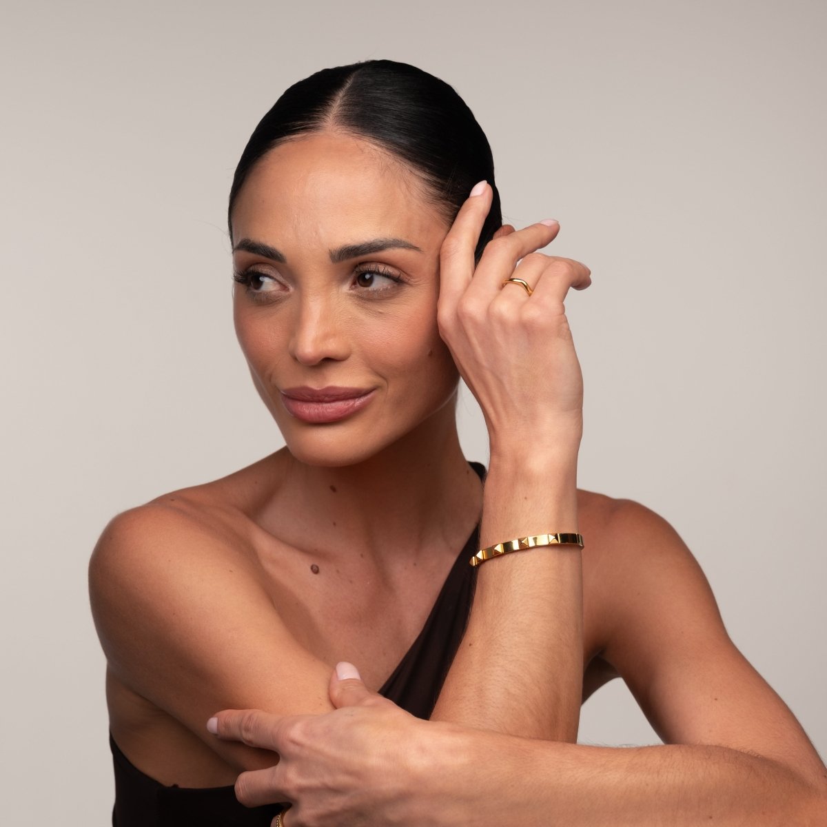 Bangle Studded Cuff Bracelet 18K Gold Plated in 18K gold-plated – Meiva earrings view 7