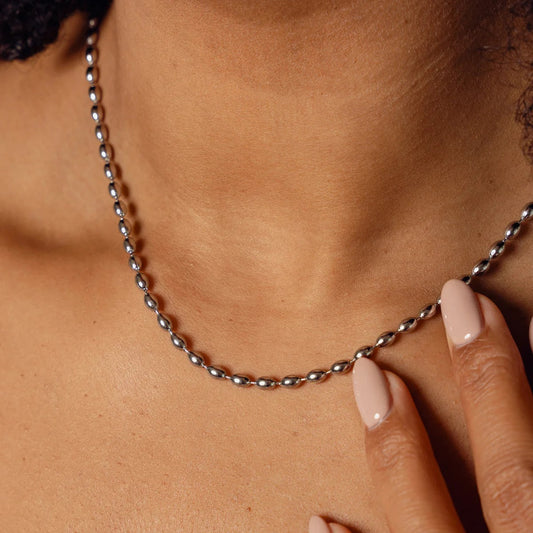 Women's Stainless Steel Necklace – Bead Chain Silver, Dainty – Meiva necklace view 2
